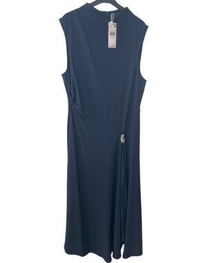 Mango Mock Neck Midi Blue Dress Draped Detail & Metallic Accent Sz 6 MSRP$99 NWT